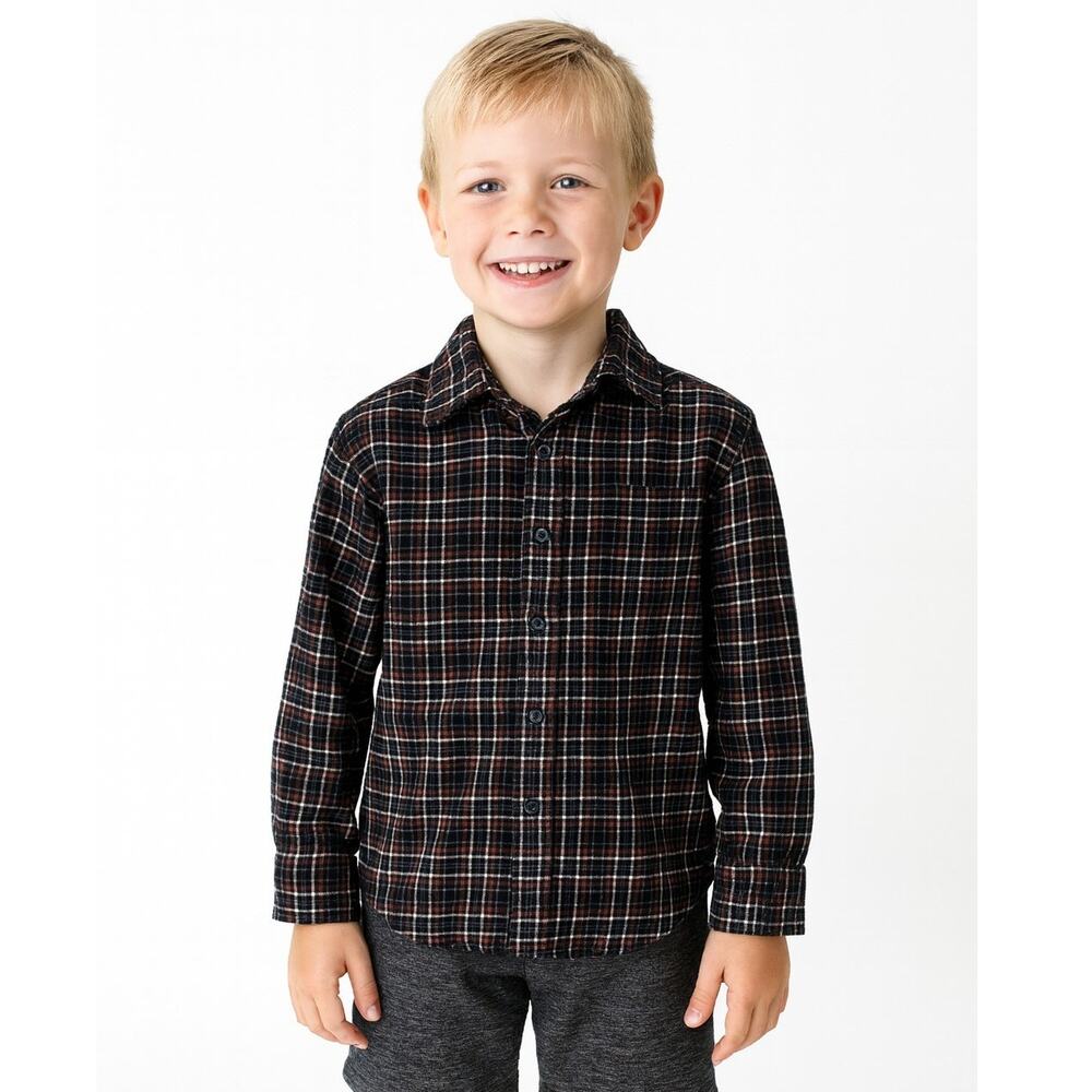 Simply Styled Boys Plaid Flannel Shirt Size 8 Black Red Check Button Down Kids